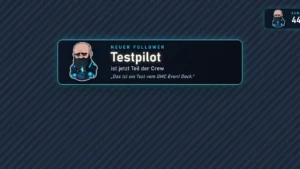 Overlay-Karte „Neuer Follower“ mit Balduur-Figur und dem Namen Testpilot