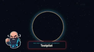 Ban-Animation: Balduur neben einer Luftschleuse im Weltraum, Text „Aus der Luftschleuse befördert: Testpilot“