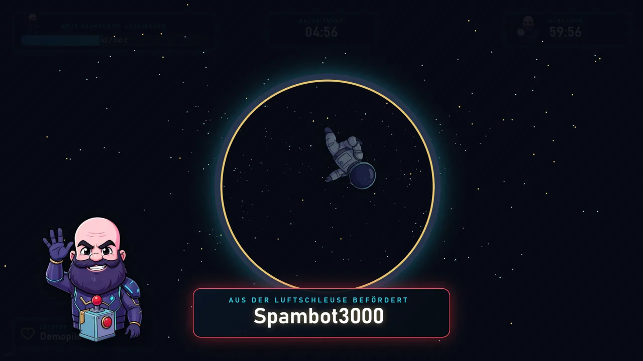 Ban-Animation: Balduur am roten Knopf, ein Astronaut treibt aus der Luftschleuse, Text „Aus der Luftschleuse befördert: Spambot3000“