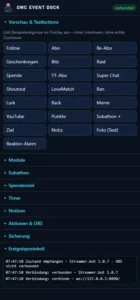 OMC Event Dock: Status verbunden, Testknöpfe für alle Ereignisse und Ereignisprotokoll
