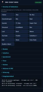 OMC Event Dock mit Balduur-Icon: Status verbunden, Testknöpfe für alle Ereignisse und Ereignisprotokoll