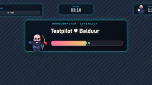 LoveMatch-Karte: Balduur mit Amors Bogen, Testpilot und Balduur, Balken bei 49 Prozent