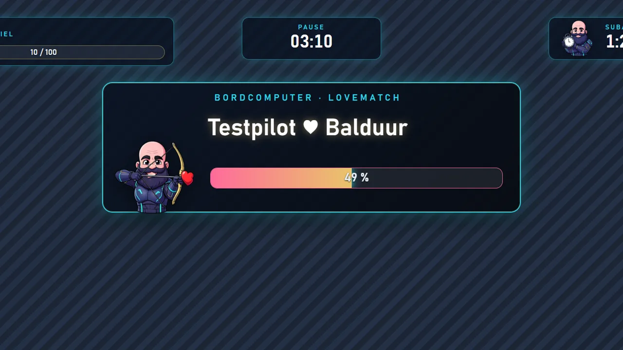 LoveMatch-Karte: Balduur mit Amors Bogen, Testpilot und Balduur, Balken bei 49 Prozent