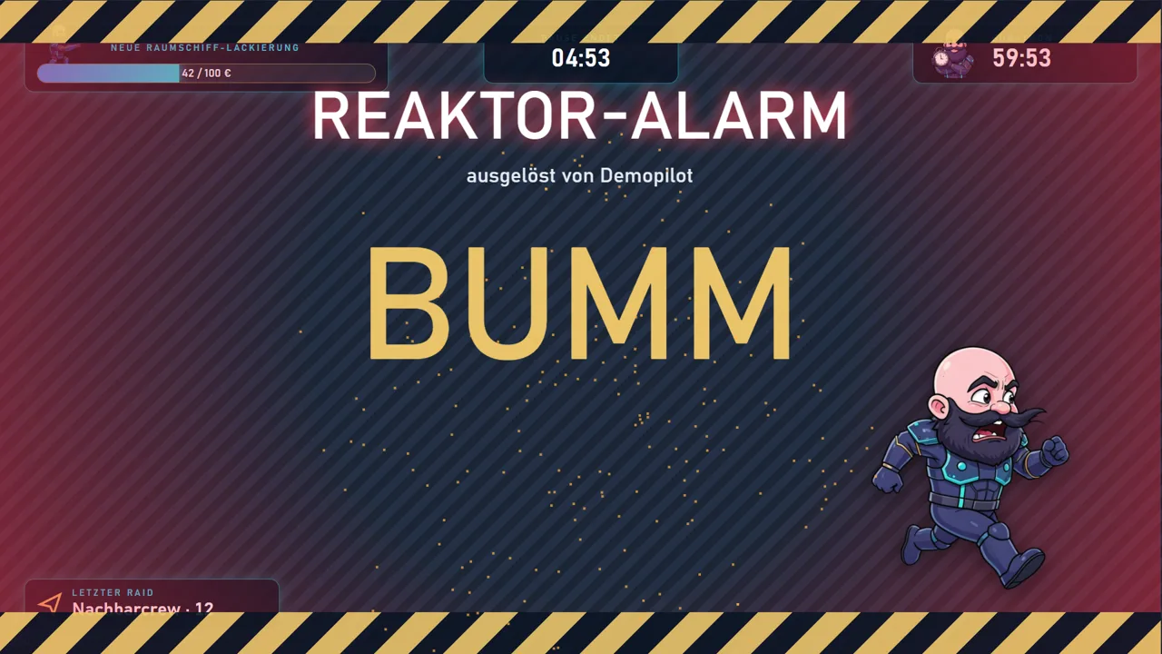 Vollbild „Reaktor-Alarm“ mit Warnstreifen und großem BUMM, Balduur rennt davon