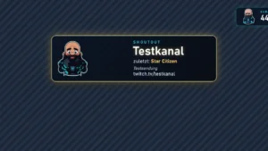 ShoutOut-Karte mit Kanalname Testkanal, zuletzt gespielt Star Citizen