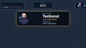 ShoutOut-Karte mit Balduur am Megafon, Kanalname Testkanal, zuletzt gespielt Star Citizen