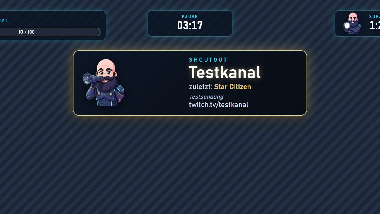ShoutOut-Karte mit Balduur am Megafon, Kanalname Testkanal, zuletzt gespielt Star Citizen